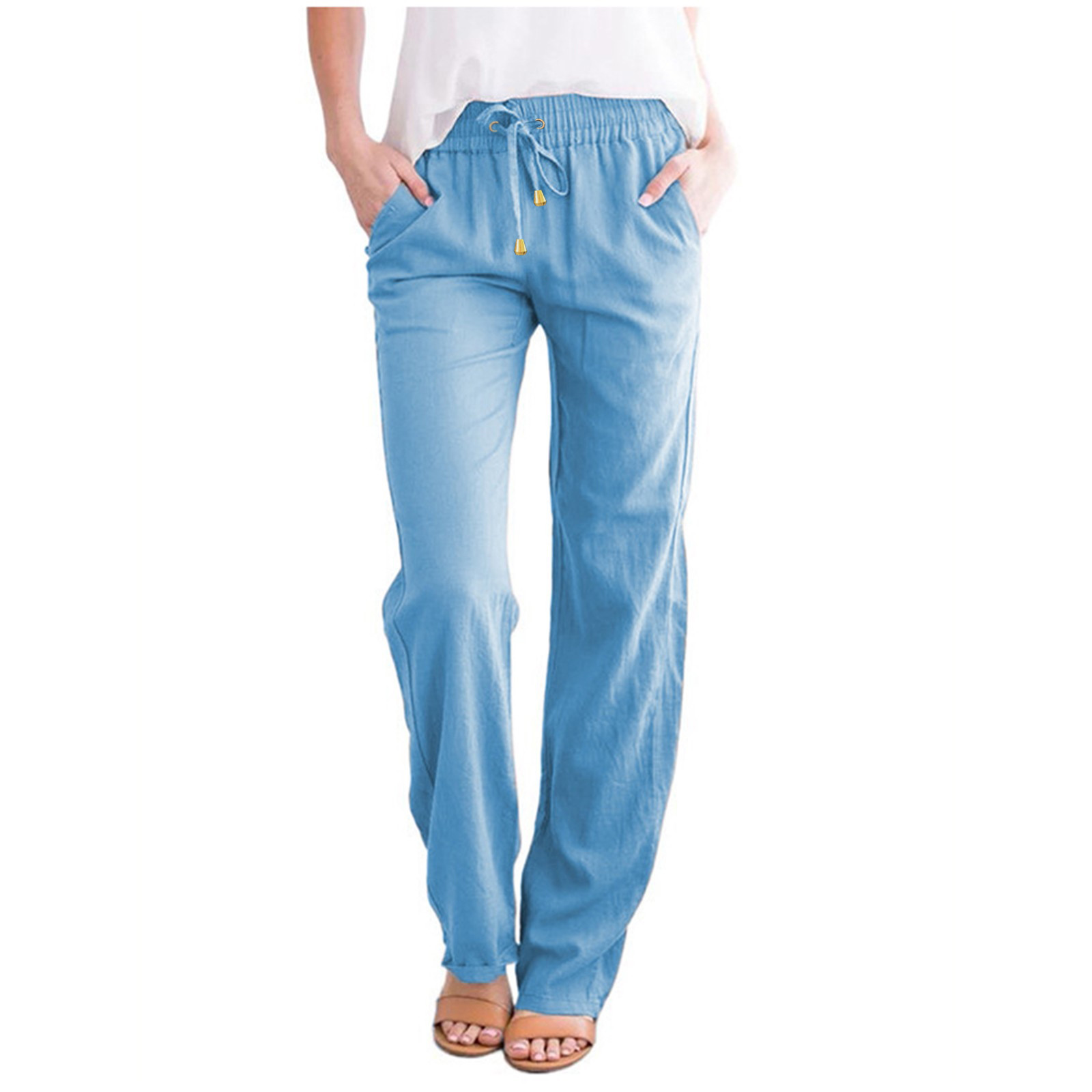 thumbnail image 1 of Pantalones informales rectos de algodón y lino con cintura elástica para mujer - Cintura media, cordón, para todas las estaciones, 1 of 6
